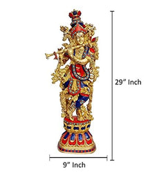 Brass Krishna Murti, 29 in tall and 9 in wide, front view with painted attire