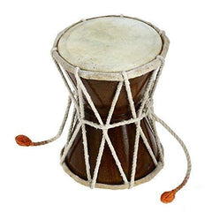 Damaru hand drum with frame lacing, light round drumheads, tassel cords