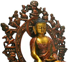 Brass Buddha seated in Bhumisparsha mudra beneath ornate arch of figures