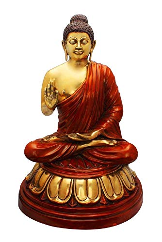 Lord Buddha decorative statue in brass with red robe, seated pose, raised hand