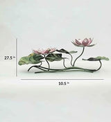 Iron lotus showpiece, 27.5 in long; two pink flowers with green leaves and black base