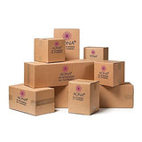 AONA kraft cardboard boxes with purple flower logos, stacked for shipping