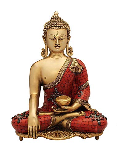 Brass meditation Buddha statue, seated pose with red robe and bowl, 16 in