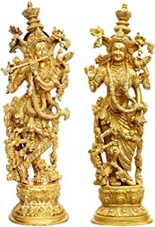 Brass Radha Krishna Figurine Hindu God Statue Murti Idol for Home Office Shop, Height : 15 Inches