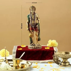 Side view of Lord Hanuman polyresin statue, standing pose, detailed jewelry, 10.5 in