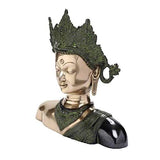 Buddha bust with ornate crown and draped robes, dark patina, 14 in