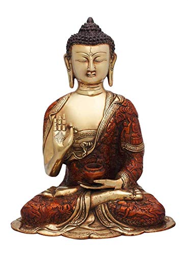 Seated Buddha statue in brass tone, 12-inch height, meditating posture