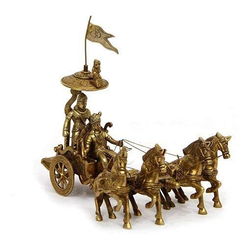 Brass Antique Finish Brass Krishna Arjun Rath Chariot with 4 Horse Idol Statue, Height : 9 inch