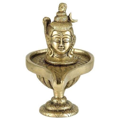 Brass shivling statue with snake, deity face on ornate pedestal, 6 inch