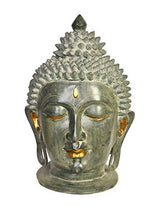 Brass Buddha head showpiece with glowing eyes, detailed curls, 29 in tall.