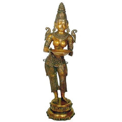 Brass welcome lady oil diya statue, full figure holding a diya plate