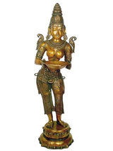 Brass welcome lady oil diya statue base detail with tiered pedestal