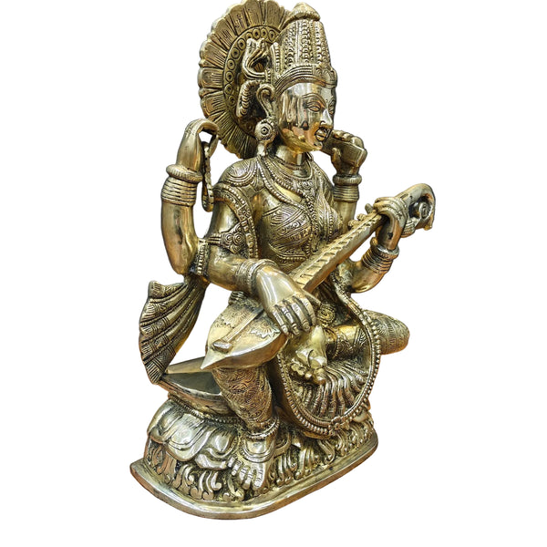 Brass Goddess Saraswati Statue Playing Veena – Traditional Hindu Sculpture for Home Temple, Music Room & Spiritual Décor (Height: 16 Inches) Study Setting