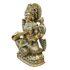 Brass Goddess Saraswati Statue Playing Veena – Traditional Hindu Sculpture for Home Temple, Music Room & Spiritual Décor (Height: 16 Inches)