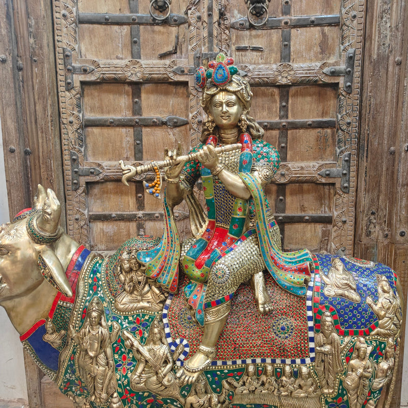 43-Inch Large Brass Govinda Idol Seated on Holy Cow with Calf - Puja/Temple Decor Stone Work Murti