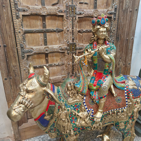 43-Inch Large Brass Govinda Idol Seated on Holy Cow with Calf - Puja/Temple Decor Stone Work Murti Entryway Setting