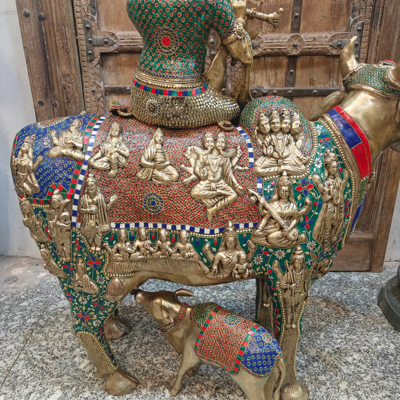 43-Inch Large Brass Govinda Idol Seated on Holy Cow with Calf - Puja/Temple Decor Stone Work Murti