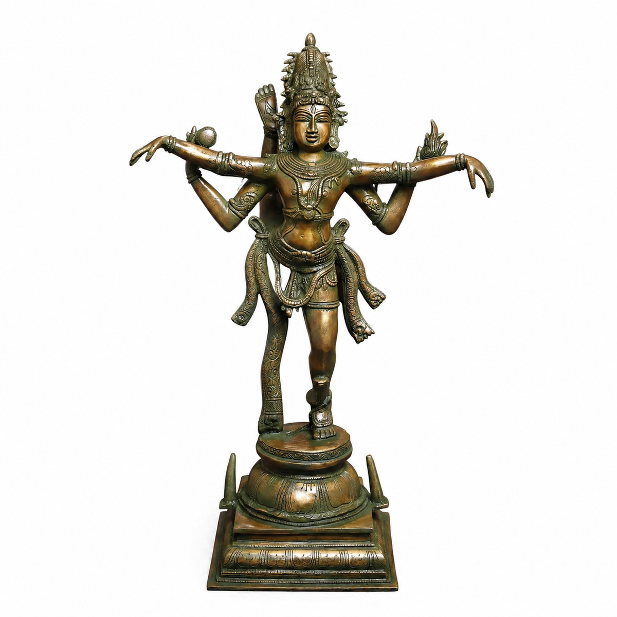 Dancing Shiva Nataraja brass statue, gold and green finish, full front view, 20 in
