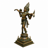 Nataraja dancing Shiva brass statue, gold-green finish, 3/4 side view, on decorative base