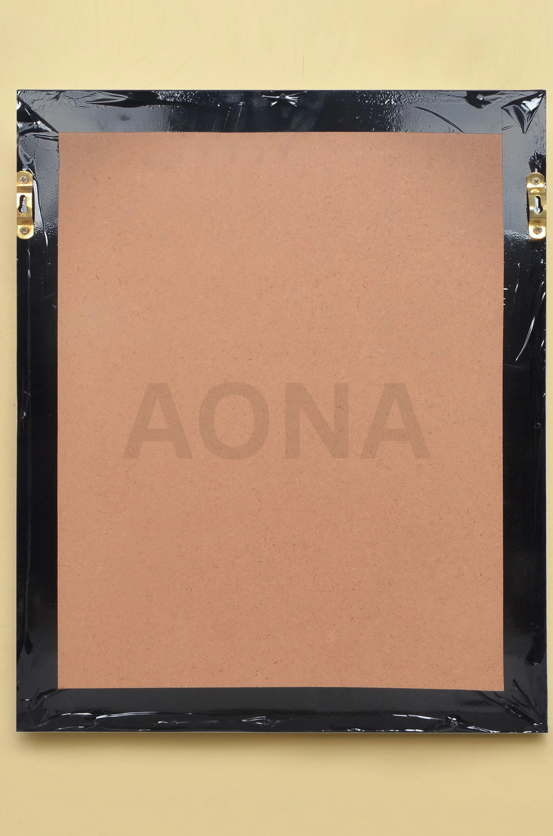 Back view: backing board inside dark frame for Ashoka emblem wall decor