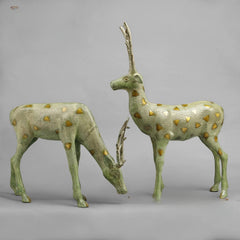 Leaf-green patina brass deer sculpture, antlers and spotted bodies, side view pair