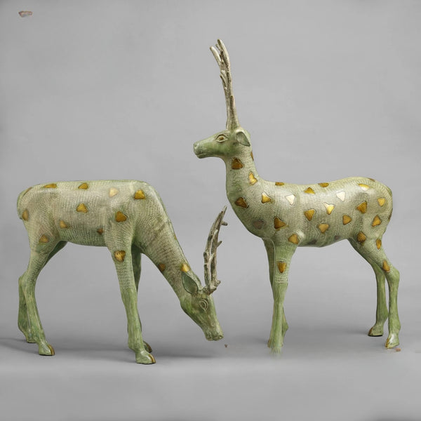 Brass Deer standing, Leaf Green Patina Sculpture (Height :27 Inches) Entryway Setting