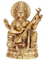 Handcrafted brass Saraswati idol statue, seated with veena, ornate detailing