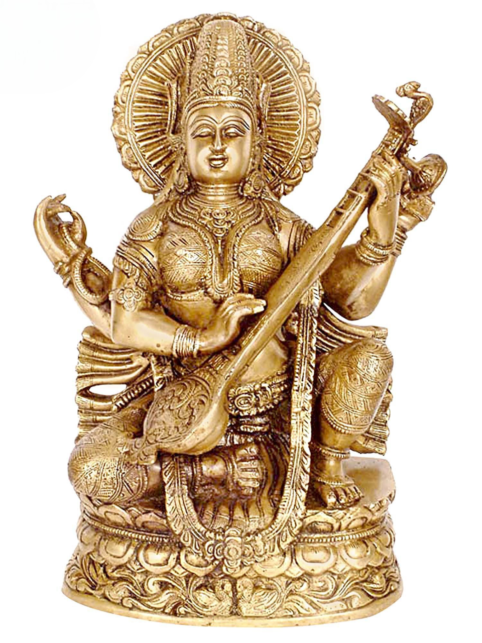 Handcrafted brass Saraswati idol statue, seated with veena, ornate detailing