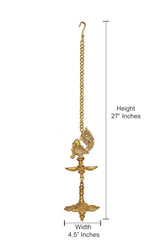 Brass hanging peacock diya with chain; height 27 in, width 4.5 in