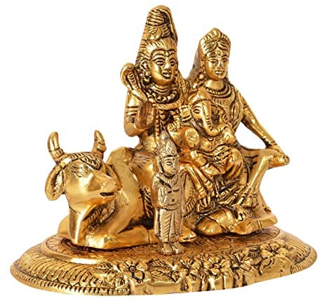 Metal Lord Shiva Parvati Kartikeya and Ganesha Murti Shiv Family Parivar Idol Statue for Home Décor Mandir Temple Gift Showpiece, Height : 5.5 Inches(golden)