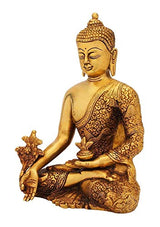 Brass Buddha idol in medicine pose, seated cross-legged with ornate engraved robe