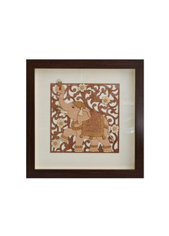Wooden wall decor with walking elephant in floral frame, 8x8 inch square