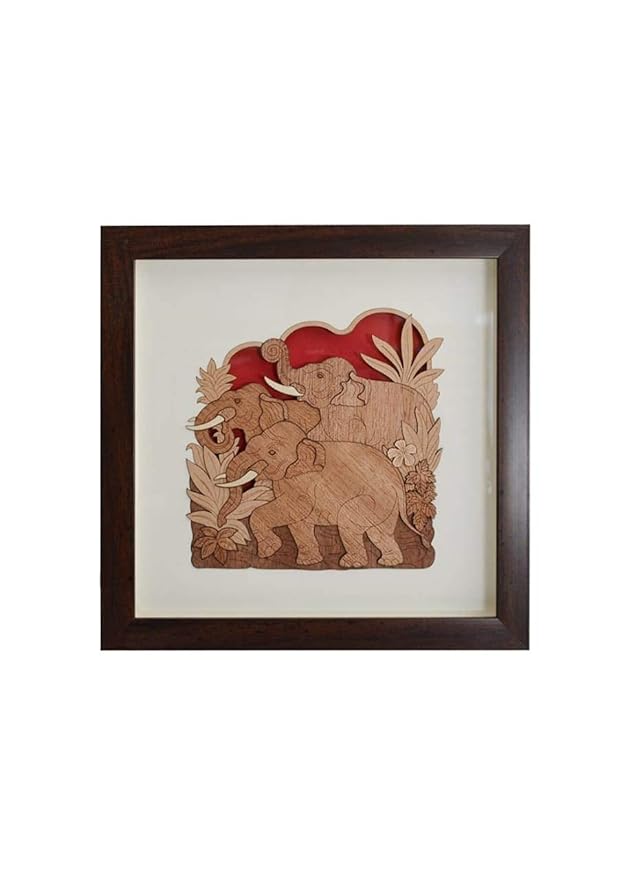 Wooden Art Work 3 Elephant Frame Wall Decor 8 x 8 Inch