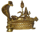 Golden brass Lakshmi Narayan idol reclining, side view with cobra hood and ornate details
