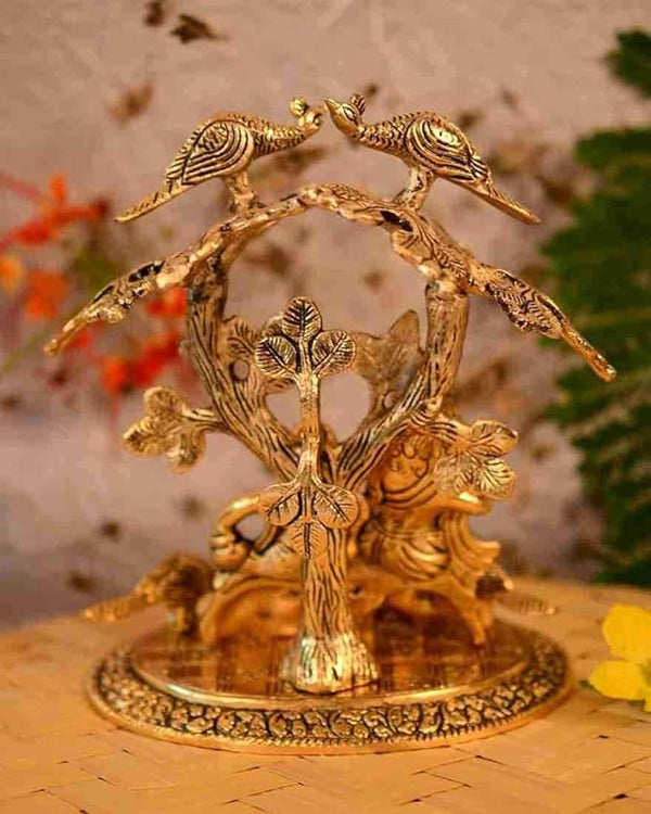 Golden Metal Radha Krishna Sitting Under Tree Idol | Radha Krishna Statue Showpiece for Gift Temple Puja Room Home Decor Height 24 Cm