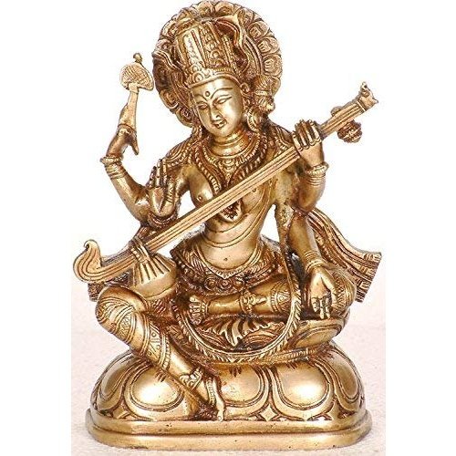 Brass Goddess Saraswati statue, seated with veena, 7.6 inch height