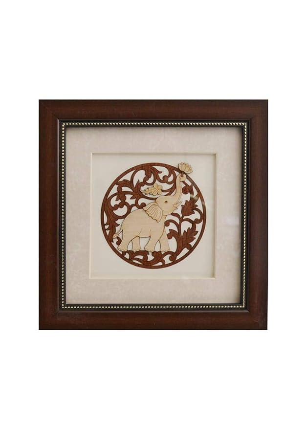 Wooden elephant wall art frame with carved-style brown circular design, 8x8 in