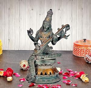 Brass Saraswati Idol Statue of Saraswati Sitting on Lotus Home Decor Height 12 Inch