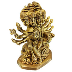 Brass Gayatri Mata statue, three-quarter view; seated pose with multiple arms and crown