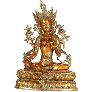 Brass Goddess Tara statue, 34 in tall, seated ornate ornamented figure