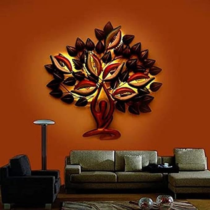 Metal Wall Decor/Wall Mounted Yoga Tree with LED Light, (Height 30 Inches Width 30 Inches Depth 2.5 Inches, Multicolour)