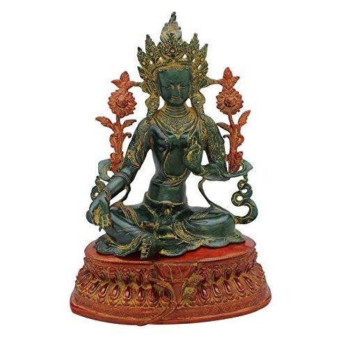 Decorative seated Maa Tara Rani statue with ornate crown and lotus base, brass finish