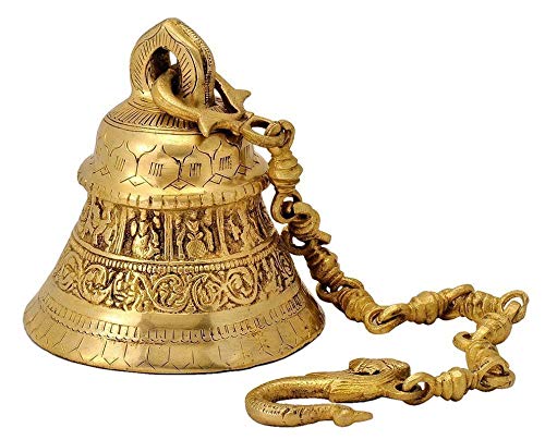 Brass Vishnu hanging bell with ornate band and dangling chain, 5.75 in