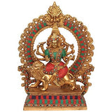 Brass Maa Durga idol: seated on lion with kirtimukha halo, ornate arch statue