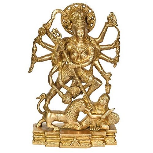 Brass Maa Durga decorative idol statue, multi-armed goddess with weapons on lion base