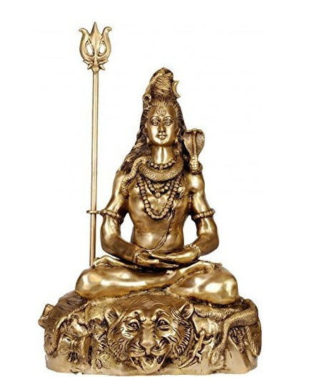 Brass Mahayogi Shiva pranayama statue, seated with trident and lion-detailed base