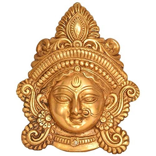 Brass Maa Durga wall hanging mask with detailed face, crown and ornaments
