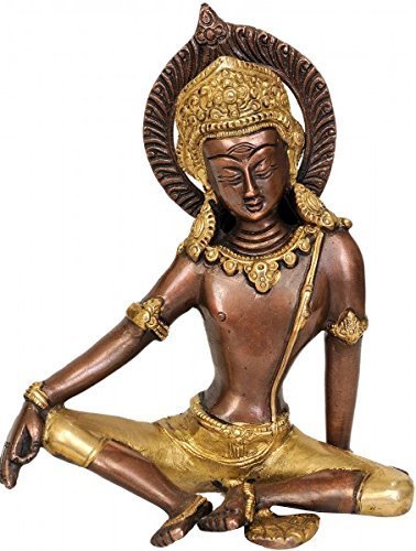 Indra brass statue, seated deity with golden halo and crown, 7.5 in height