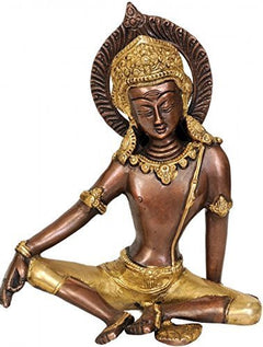 Indra brass statue, seated deity with golden halo and crown, 7.5 in height