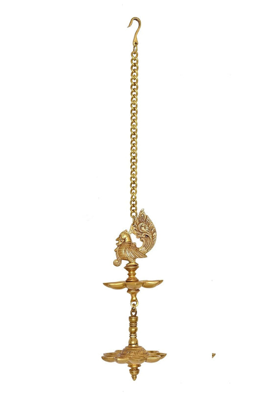 Brass Hanging Peacock with Chain Deepak deepam Oil Diya (Height 27 Inches)